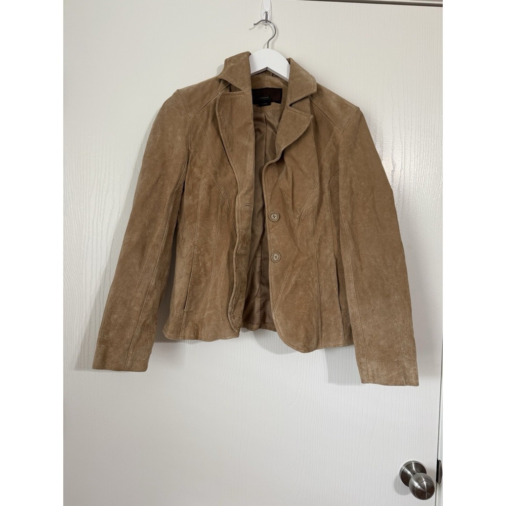 Women's 90s Suede  leather Jacket Blazer Tan Beige feminine stitch detail  Sz-4